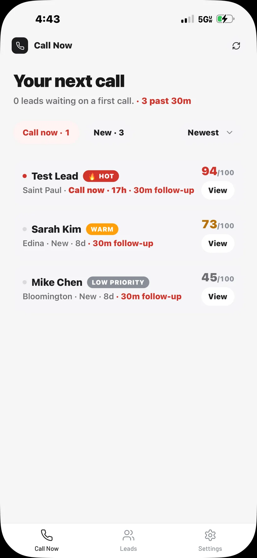 Call Now prototype call queue showing fictional roofing leads and priorities